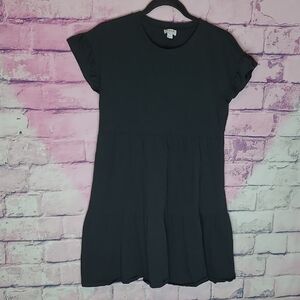 J. CREW FACTORY FLUTTER SLEEVE T SHIRT DRESS TIERED BLACK COTTON LIGHTWEIGHT XS